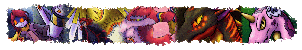 A gif that shows various drawings of several characters before fading from right to left and revealing the text "ZoranaDragon". After a moment the art fades back in. The edges of the gif look like torn paper.